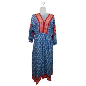 J. Crew Beachwear Blue & Red V Neck  Dress Classic Block Floral Print Size Large